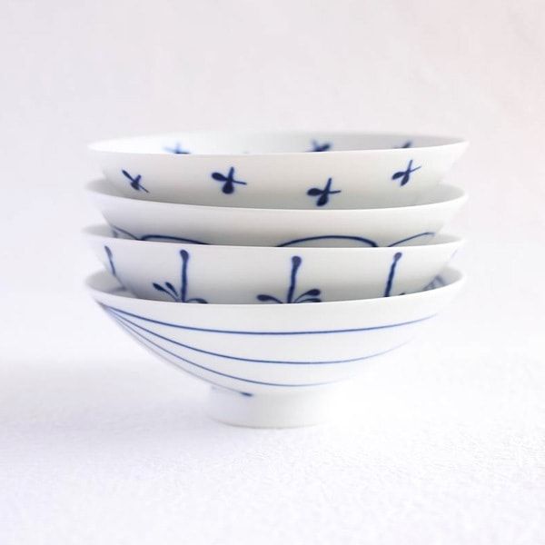 平茶碗4点 ブルーライン＆ホワイト