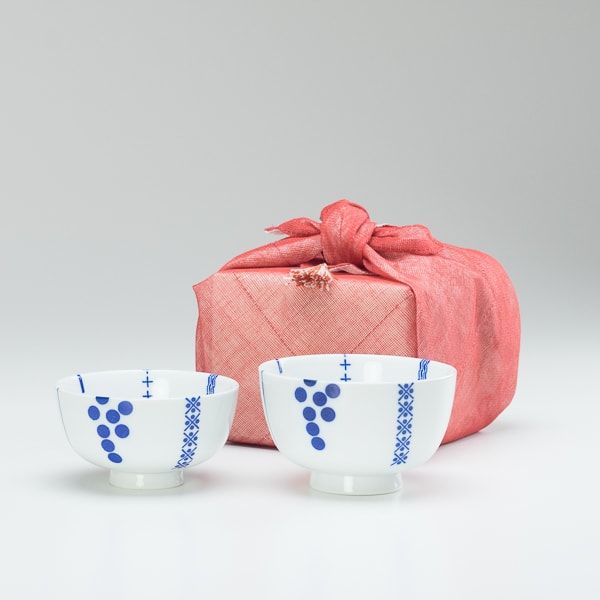 セット】花茶碗ペア夫婦 ハナカザリ（化粧箱入） 布巾包