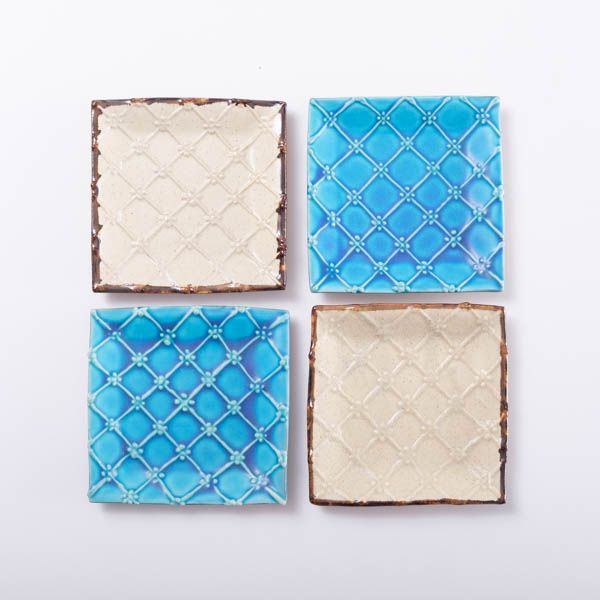 セット】正方皿（小） いっちん格子4点 青＆白 化粧箱入/やちむん